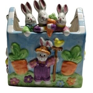 Vintage 2000 GAC Easter Bunny Ceramic Planter Basket with Metal Handle Garden